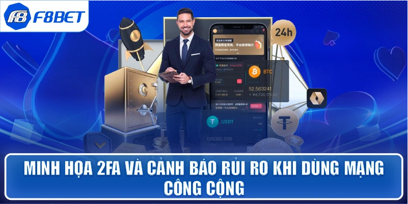 Minh họa 2FA và cảnh báo rủi ro khi dùng mạng công cộng